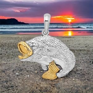 925 Sterling Silver Polished Jumping Bass with 14k Yellow Gold Accents Pendant